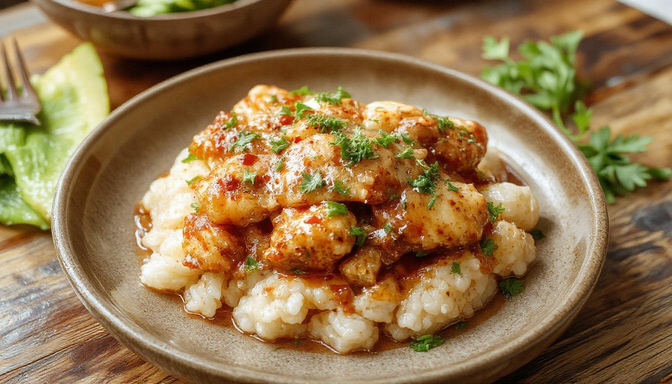 A hearty plate of creamy smothered chicken topped with rich gravy, served alongside fluffy rice and sautéed green vegetables. The chicken breasts are golden brown with a glossy, flavorful sauce glistening on top, and the rice is perfectly fluffy with individual grains visible. The dish is presented on a rustic white plate, garnished with fresh herbs, set against a warm, inviting background.