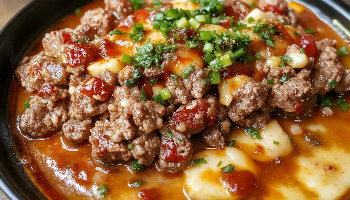 A vibrant plate featuring a juicy ground beef patty topped with melted cheese, accompanied by colorful vegetable sides, served on a rustic wooden table with a fresh green garnish.