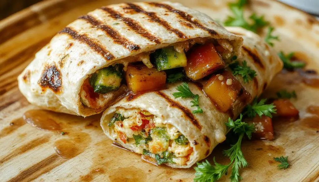 Colorful grilled vegetable wraps featuring vibrant red bell peppers, charred zucchini and eggplant slices, wrapped in soft whole wheat tortillas with a generous spread of creamy hummus. The wraps are sliced diagonally, revealing the colorful vegetables inside, set against a rustic wooden surface with a few extra grilled veggies in the background.