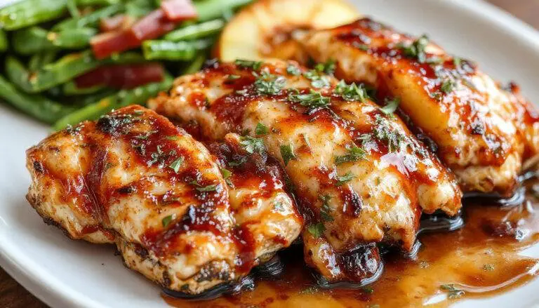 A close-up of a perfectly roasted chicken breast topped with slices of caramelized peaches and a glossy BBQ glaze, garnished with fresh herbs on a rustic wooden platter.
