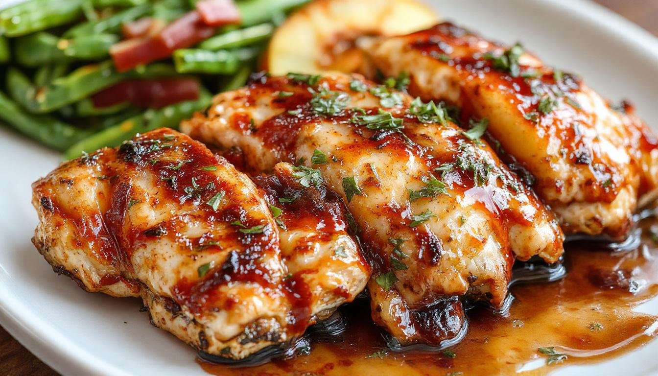 A close-up of a perfectly roasted chicken breast topped with slices of caramelized peaches and a glossy BBQ glaze, garnished with fresh herbs on a rustic wooden platter.
