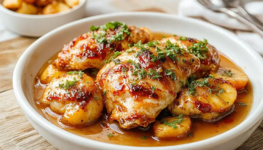 A close-up of a golden-brown roasted chicken breast topped with slices of caramelized peaches and drizzled with a tangy barbecue sauce. The chicken is garnished with fresh herbs and served on a rustic white plate, accented by a background of grilling tools and summer-themed table setting, highlighting its juicy and smoky appearance.