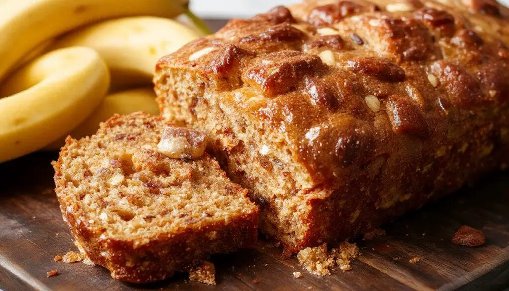 A freshly sliced honey vanilla banana bread loaf with golden-brown crust and moist, fluffy interior. Visible banana chunks and swirls of honey and vanilla are displayed on a rustic wooden table, garnished with a sprig of fresh vanilla or banana slices. The bread’s texture appears tender and inviting, with a slightly caramelized top surface.