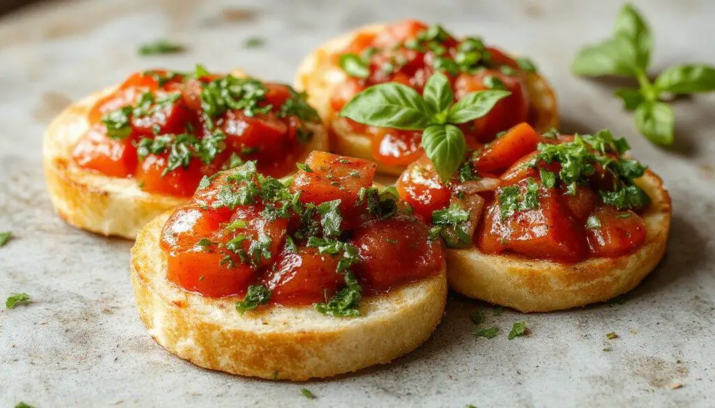 A rustic wooden platter featuring slices of toasted baguette topped with a vibrant mixture of chopped ripe tomatoes, fresh basil leaves, and a drizzle of olive oil. The bruschetta is arranged neatly, showcasing the bright red tomatoes and green basil against the golden-brown toasted bread, with a few sprigs of basil and extra tomato pieces scattered around for decoration.