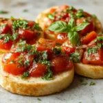 A rustic wooden platter featuring slices of toasted baguette topped with a vibrant mixture of chopped ripe tomatoes, fresh basil leaves, and a drizzle of olive oil. The bruschetta is arranged neatly, showcasing the bright red tomatoes and green basil against the golden-brown toasted bread, with a few sprigs of basil and extra tomato pieces scattered around for decoration.