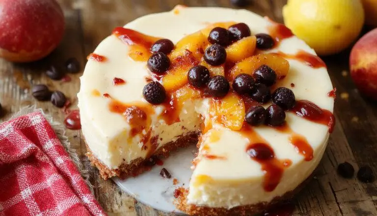 A close-up of a creamy peach cheesecake garnished with slices of fresh peaches and a sprig of mint on top. The cheesecake sits on a white plate, with a smooth, golden crust visible at the base. The dessert's surface is textured with peach chunks and a glossy glaze, beautifully contrasting with the pastel peach color.