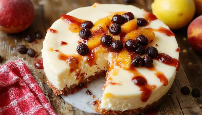 A close-up of a creamy peach cheesecake garnished with slices of fresh peaches and a sprig of mint on top. The cheesecake sits on a white plate, with a smooth, golden crust visible at the base. The dessert's surface is textured with peach chunks and a glossy glaze, beautifully contrasting with the pastel peach color.