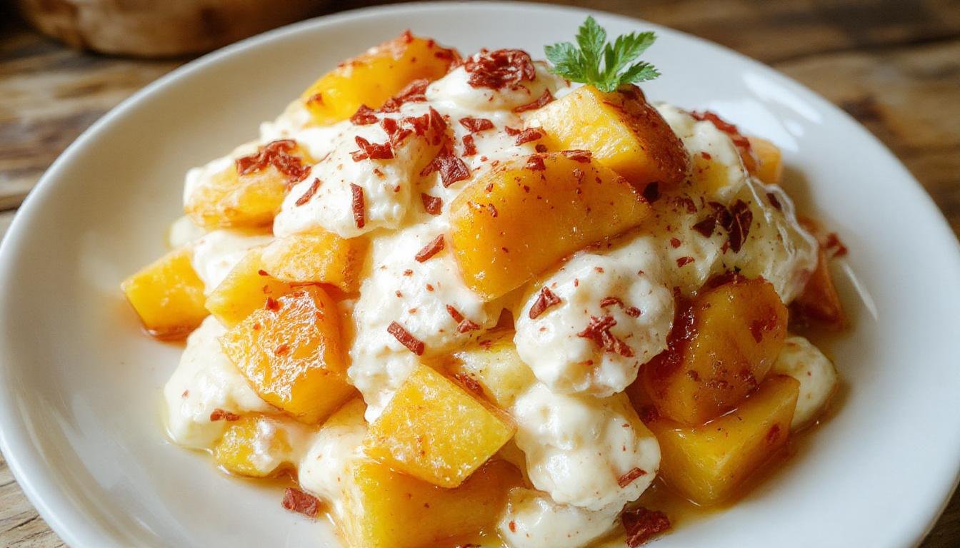 A vibrant bowl of peaches and cream salad featuring luscious peach slices coated in creamy white mixture, garnished with fresh mint leaves, set on a rustic wooden table with a vintage spoon resting beside it, evoking a nostalgic and inviting atmosphere.