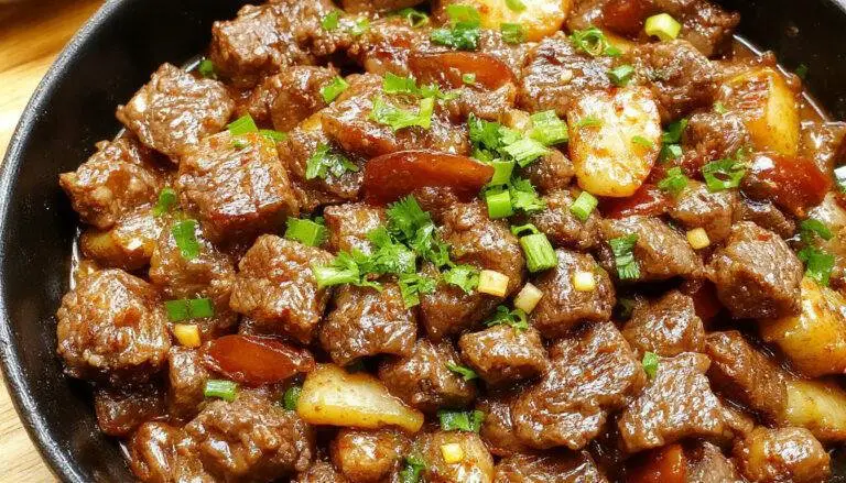 A vibrant plate of Korean ground beef stir fry featuring browned minced beef glazed with a glossy sauce, garnished with chopped green onions and sesame seeds. The dish is presented on a white rectangular plate, with a backdrop of fresh vegetables and rice. The beef has a savory, slightly caramelized appearance, with the sauce coating each piece evenly. The presentation emphasizes the colorful and appetizing nature of the dish, highlighting the textures of the tender beef and crisp vegetables.