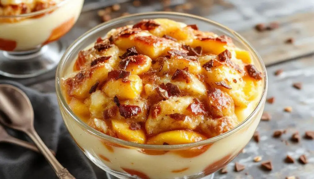 A layered dessert in a clear glass trifle bowl featuring vibrant peach slices, creamy vanilla pudding, and golden-brown biscuit or cake pieces arranged in alternating layers. The top is garnished with fresh peach wedges and a sprinkle of cinnamon, creating an inviting and colorful presentation.