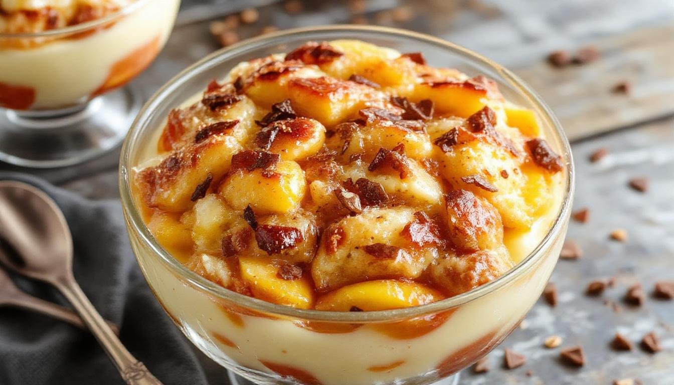 A layered dessert in a clear glass trifle bowl featuring vibrant peach slices, creamy vanilla pudding, and golden-brown biscuit or cake pieces arranged in alternating layers. The top is garnished with fresh peach wedges and a sprinkle of cinnamon, creating an inviting and colorful presentation.