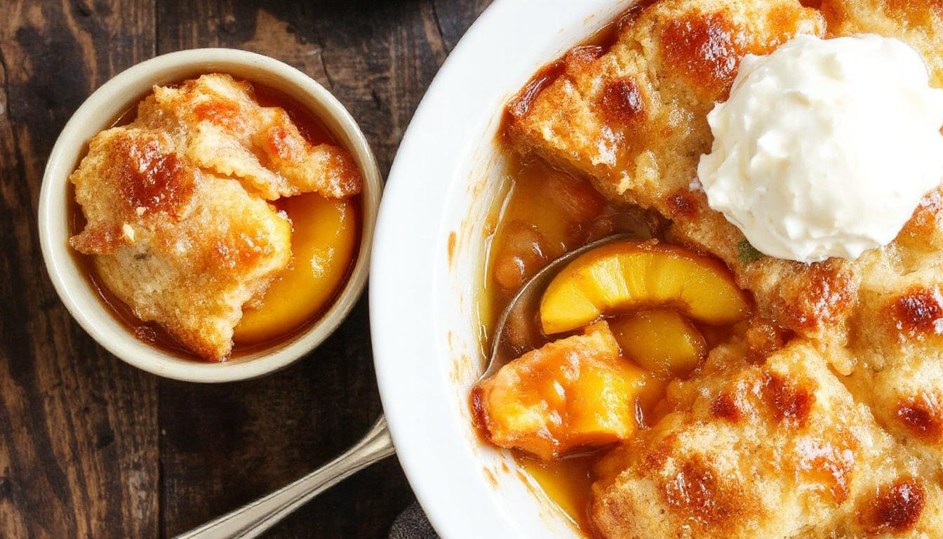 A rustic ceramic baking dish filled with golden-brown peach cobbler topped with a flaky crust and oozing with caramelized peach filling, garnished with a sprig of fresh mint, set on a wooden table with scattered peach slices and powdered sugar.