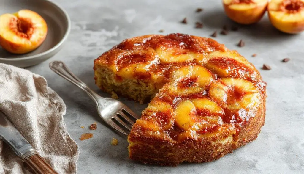 A golden-brown upside-down cake topped with caramelized peach slices, arranged neatly on top revealing a moist, fluffy interior through a clean slice. The cake is presented on a rustic white plate with a few peach slices and caramel drizzle garnish, setting a warm and inviting tone.