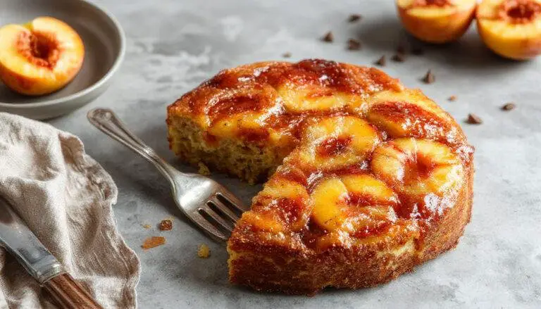 A golden-brown upside-down cake topped with caramelized peach slices, arranged neatly on top revealing a moist, fluffy interior through a clean slice. The cake is presented on a rustic white plate with a few peach slices and caramel drizzle garnish, setting a warm and inviting tone.