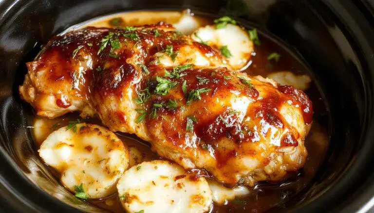 A close-up of tender, glazed honey garlic chicken pieces cooked in a slow cooker, garnished with fresh herbs, and served on a white plate with a glossy sauce coating the chicken, surrounded by a rustic wooden table setting.