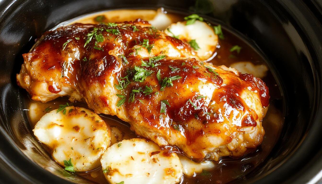 A close-up of tender, glazed honey garlic chicken pieces cooked in a slow cooker, garnished with fresh herbs, and served on a white plate with a glossy sauce coating the chicken, surrounded by a rustic wooden table setting.