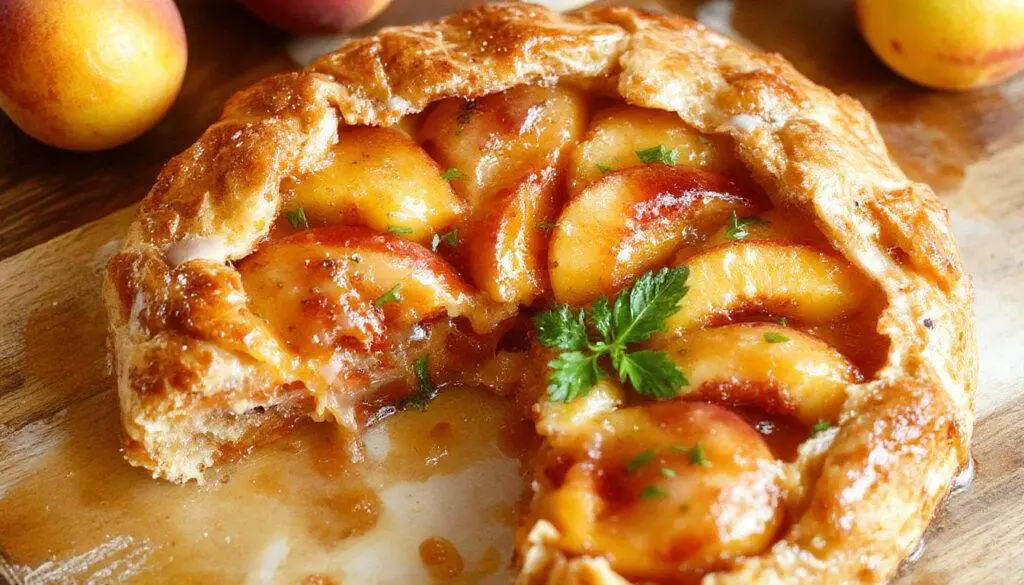 A golden-brown rustic peach galette with a flaky, airy crust, topped with caramelized peach slices arranged in a circular pattern. The pie is placed on a wooden surface, with powdered sugar lightly dusted over the edges and fruit, evoking a warm, inviting rustic charm.