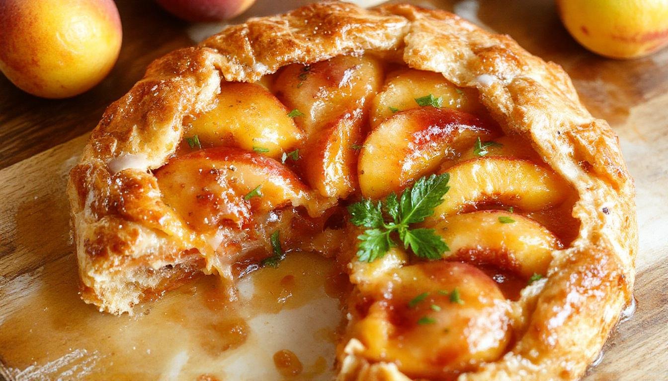 A golden-brown rustic peach galette with a flaky, airy crust, topped with caramelized peach slices arranged in a circular pattern. The pie is placed on a wooden surface, with powdered sugar lightly dusted over the edges and fruit, evoking a warm, inviting rustic charm.