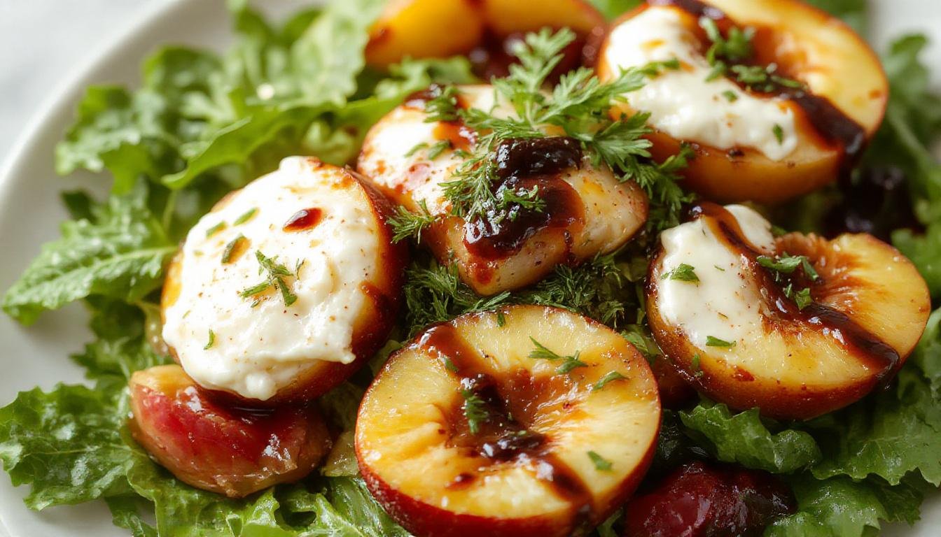 A vibrant plate featuring sliced ripe peaches and creamy burrata cheese arranged artfully, drizzled with dark balsamic glaze. The salad is garnished with fresh basil leaves and served on a white porcelain dish, highlighting the colorful seasonal ingredients and glossy glaze, creating an inviting and elegant summer presentation.
