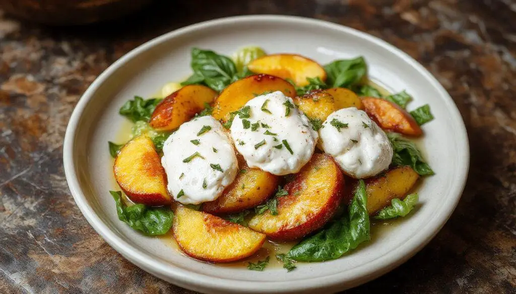 A vibrant bowl featuring ripe peach slices, creamy burrata cheese, fresh basil leaves, all arranged artistically. The peaches have a juicy, pinkish-orange hue, contrasting beautifully with the bright green basil and the soft, white burrata. The presentation is elegant, with a sprinkle of balsamic glaze drizzled over the salad, and a rustic wooden background enhancing the summery feel.