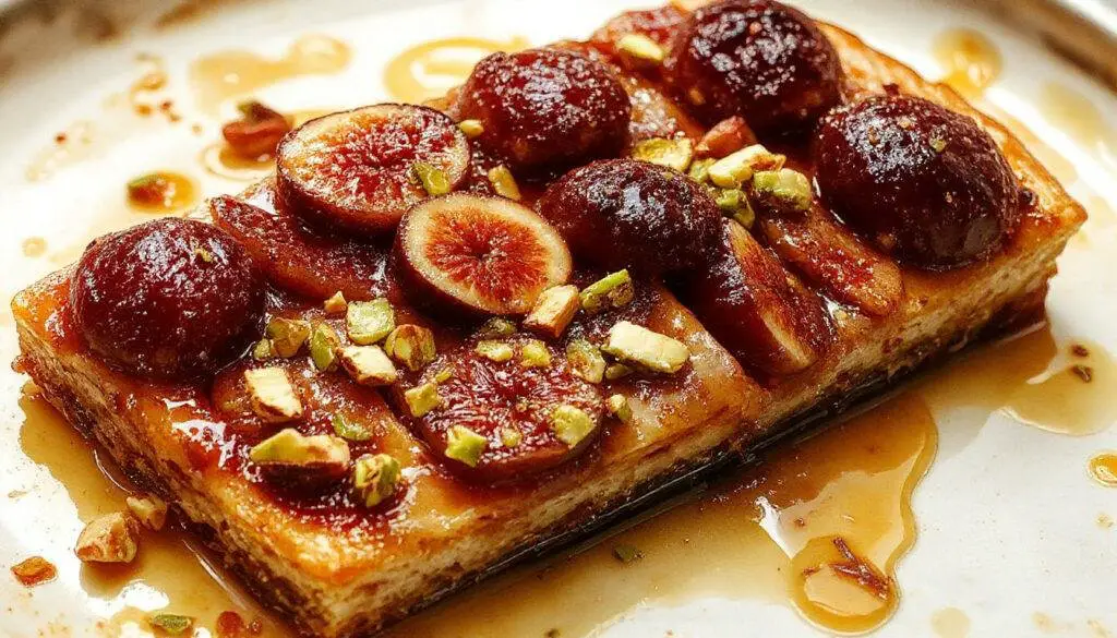 A close-up of a sliced fig, honey drizzle, and chopped pistachios arranged on a golden-brown tart crust. The tart is presented on a white plate with a rustic wooden background, emphasizing the textures of the fresh figs, glossy honey, and crunchy pistachios, garnished with a dusting of powdered sugar.