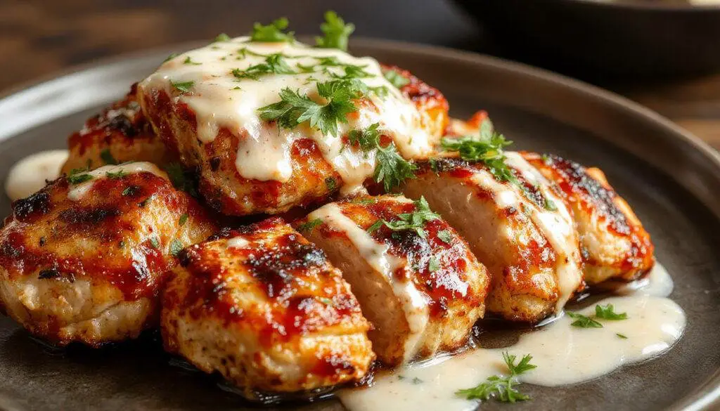 A close-up of golden-brown grilled chicken bites arranged on a white plate, drizzled with smooth creamy garlic sauce, garnished with fresh herbs, and set against a rustic wooden background.
