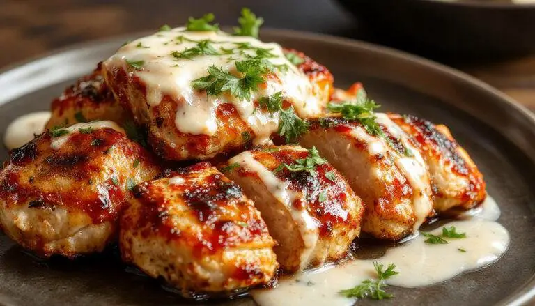 A close-up of golden-brown grilled chicken bites arranged on a white plate, drizzled with smooth creamy garlic sauce, garnished with fresh herbs, and set against a rustic wooden background.