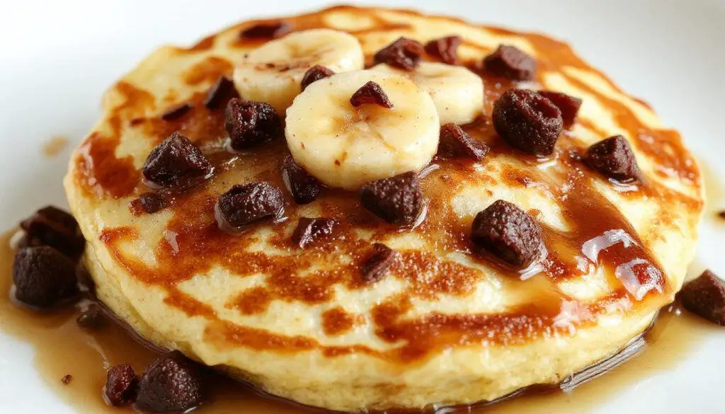 A stack of fluffy banana pancakes topped with sliced bananas and a drizzle of syrup, served on a white plate with a sprig of mint, golden brown exterior, and moist interior visible from a side angle.