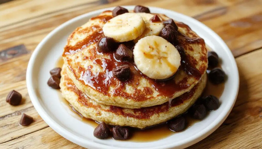 A stack of golden fluffy banana pancakes topped with sliced bananas and a drizzle of maple syrup, served on a rustic white plate with a fork on the side.