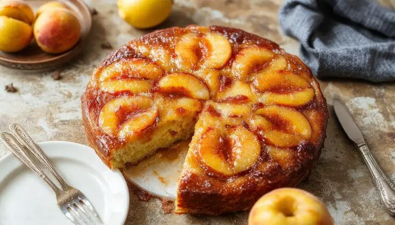 A golden-brown peach upside-down cake displayed on a white cake stand, topped with caramelized peach slices arranged in a circular pattern. The cake's glossy topping glistens, with vibrant orange and yellow hues, and a slice has been cut to reveal moist, fluffy layers inside. The background is softly blurred with a rustic wooden surface and a wedge of fresh peach beside the cake.