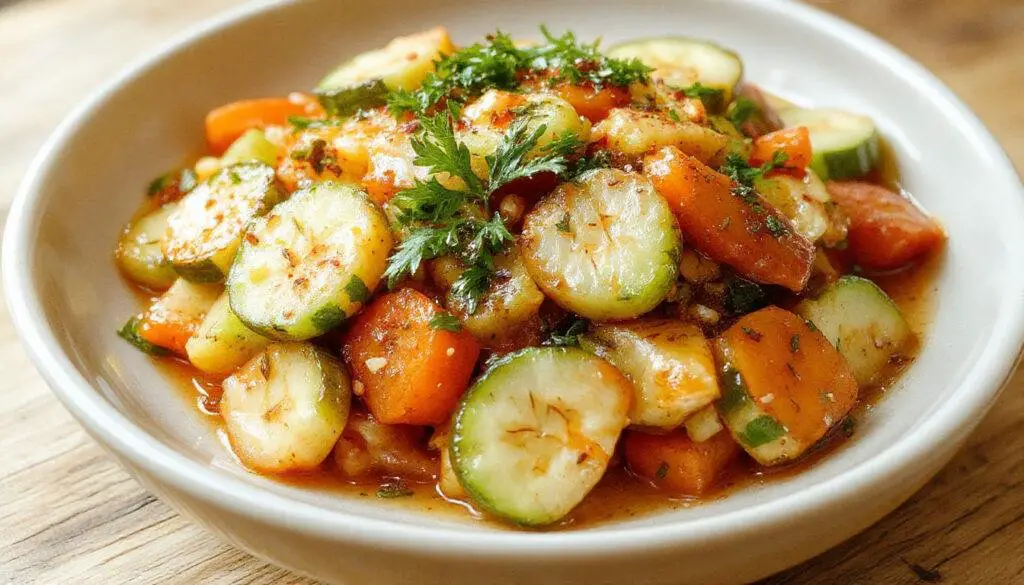 A vibrant bowl of Asian-inspired carrot cucumber salad featuring julienned bright orange carrots and crisp green cucumber slices, topped with fresh herbs and sesame seeds, presented on a white ceramic plate with a colorful background that highlights the freshness and crunch of the ingredients.