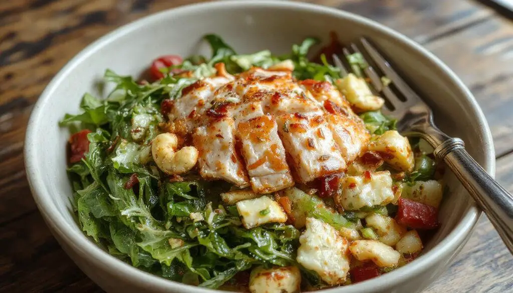 A vibrant bowl of Fresh & Crunchy Chicken Cashew Salad featuring shredded grilled chicken, golden roasted cashews, crisp mixed greens, and colorful vegetables drizzled with a light dressing. The salad is beautifully arranged with textures contrasting between tender chicken, crunchy nuts, and fresh leafy greens, highlighted by a bright, inviting setting.