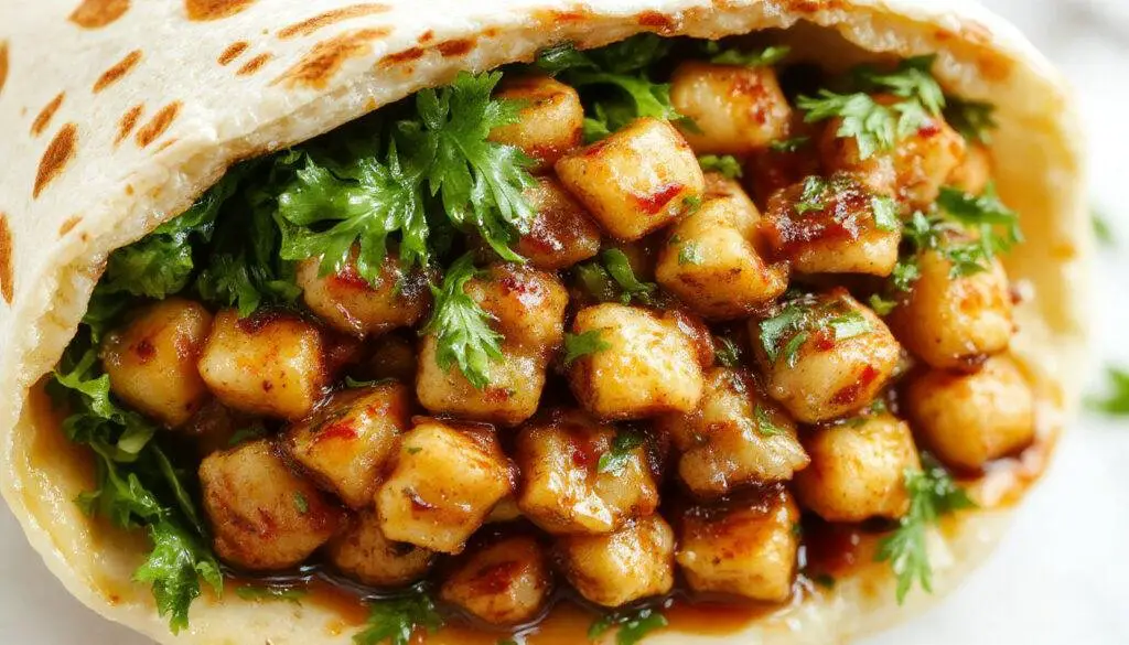 A vibrant Mediterranean wrap sliced in half, revealing a colorful filling of creamy hummus, crunchy cucumber slices, and seasoned chickpeas wrapped in a soft, whole-tortilla bread. The wrap is garnished with fresh herbs, and the cross-section displays layers of fresh ingredients, highlighting textures and colors of green cucumber, beige chickpeas, and white hummus against the warm tones of the wrap.