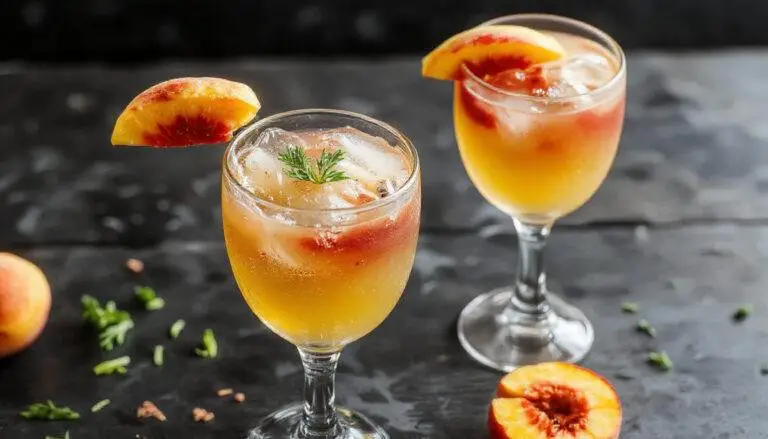 A tall, elegant glass filled with a vibrant pink frozen peach bellini cocktail, topped with a fresh peach slice and a sprig of mint, ice crystals glistening on the surface