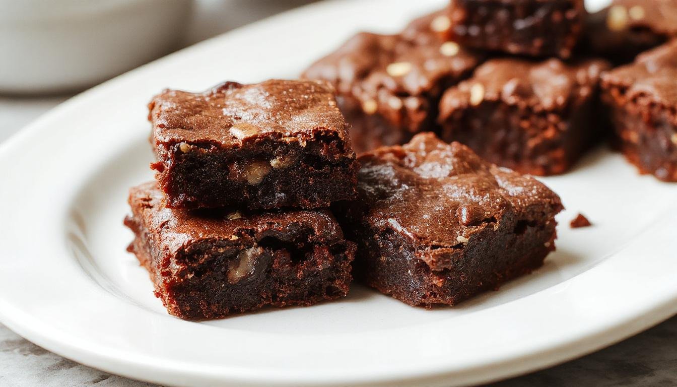 A close-up of a rich, fudgy brownie bar topped with a swirl of Greek yogurt, showcasing its glossy, chocolatey surface. The brownie is cut to reveal a moist, dense texture, with a slight sheen of melted chocolate and a hint of creaminess from the yogurt topping. It is plated on a rustic wooden surface with a few scattered cocoa powder and fresh berries in the background, emphasizing its indulgent yet healthy appeal.