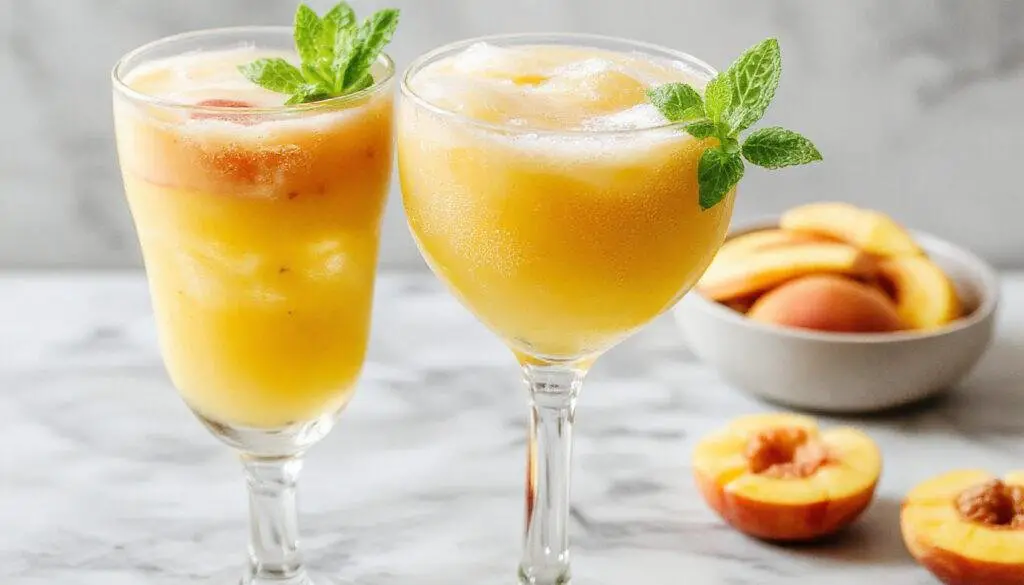 A tall, elegant glass filled with a vibrant orange-pink frozen peach Bellini, garnished with a fresh peach slice and a sprig of mint. The drink has a frosty, slushy texture with visible peach puree and sparkling bubbles at the top. The background features a summer-themed setting with soft sunlight and colorful straws, highlighting the refreshing and fruity appeal.