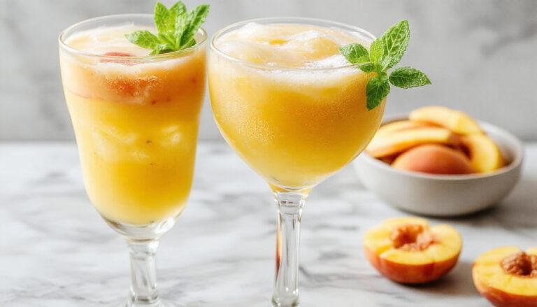 A tall, elegant glass filled with a vibrant orange-pink frozen peach Bellini, garnished with a fresh peach slice and a sprig of mint. The drink has a frosty, slushy texture with visible peach puree and sparkling bubbles at the top. The background features a summer-themed setting with soft sunlight and colorful straws, highlighting the refreshing and fruity appeal.