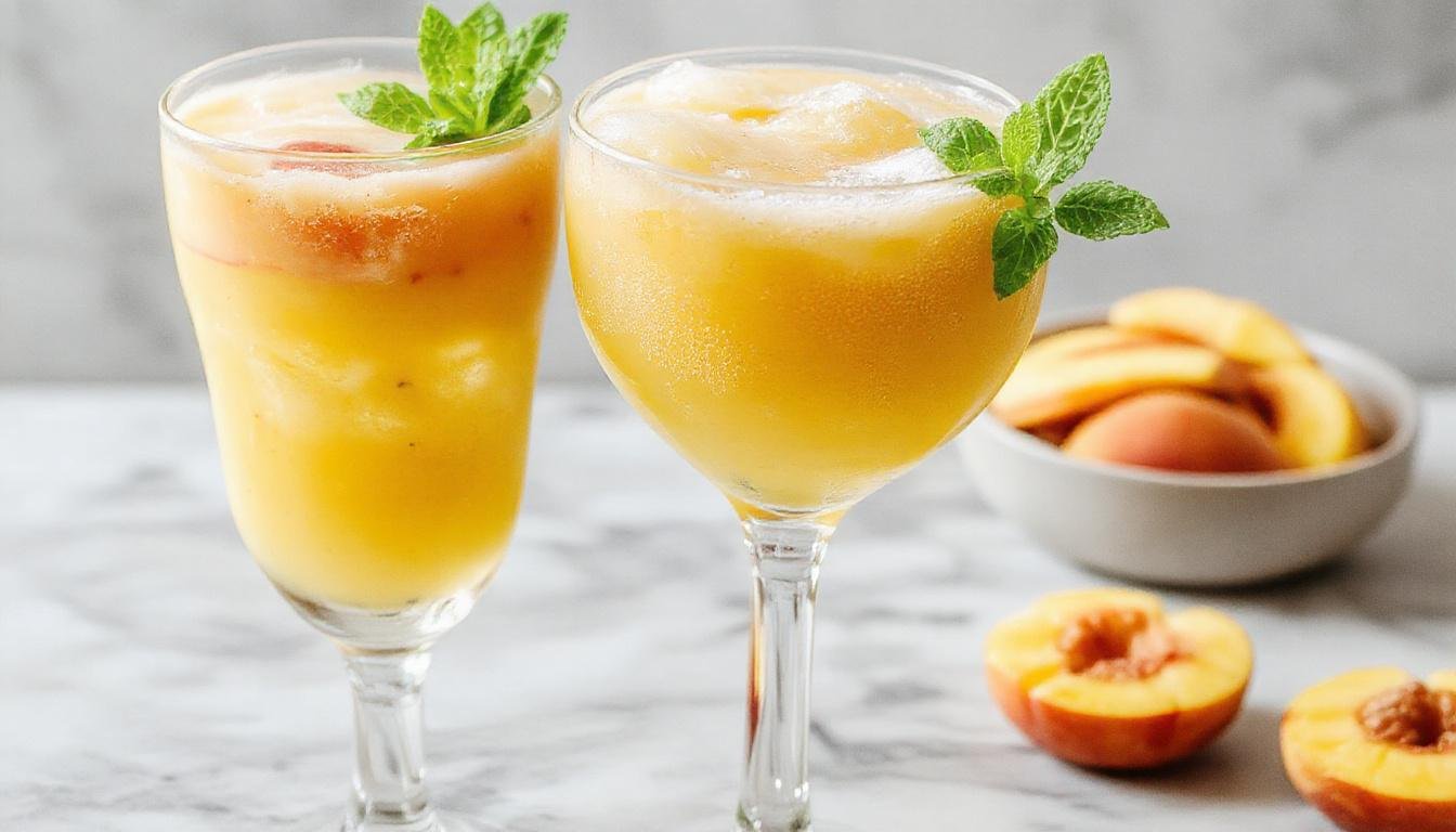 A tall, elegant glass filled with a vibrant orange-pink frozen peach Bellini, garnished with a fresh peach slice and a sprig of mint. The drink has a frosty, slushy texture with visible peach puree and sparkling bubbles at the top. The background features a summer-themed setting with soft sunlight and colorful straws, highlighting the refreshing and fruity appeal.