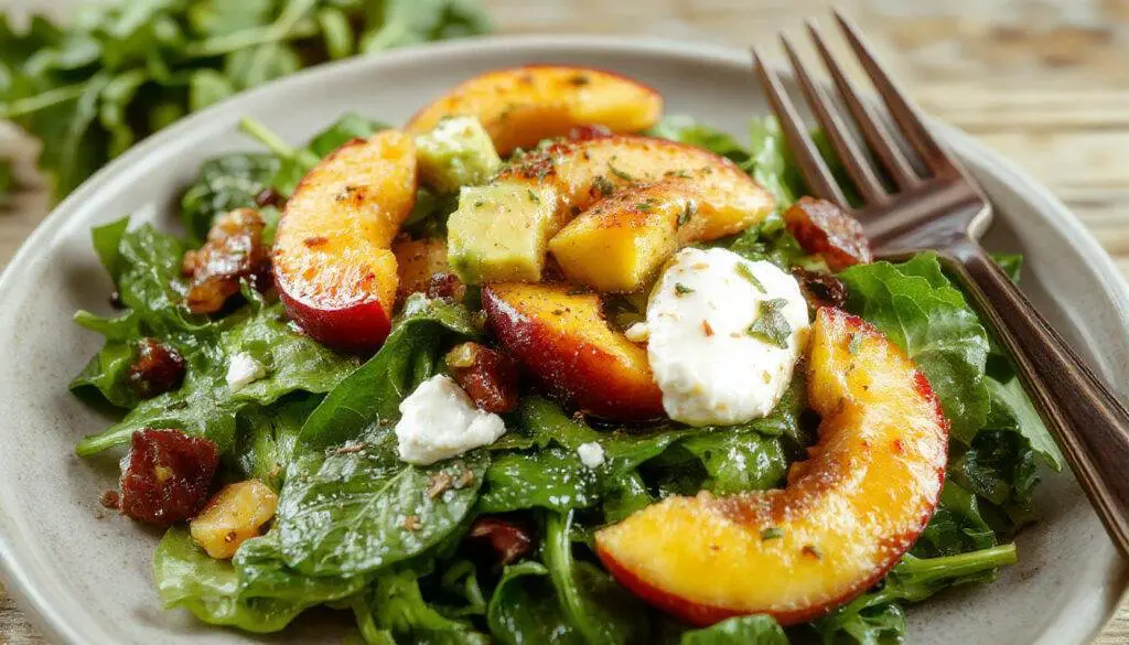 A vibrant peach and spinach salad featuring bright orange peach slices, fresh dark green spinach leaves, creamy avocado chunks, and crumbled goat cheese on a white plate. The salad is drizzled with a light vinaigrette, highlighting the colorful and fresh ingredients with a crisp, inviting presentation.
