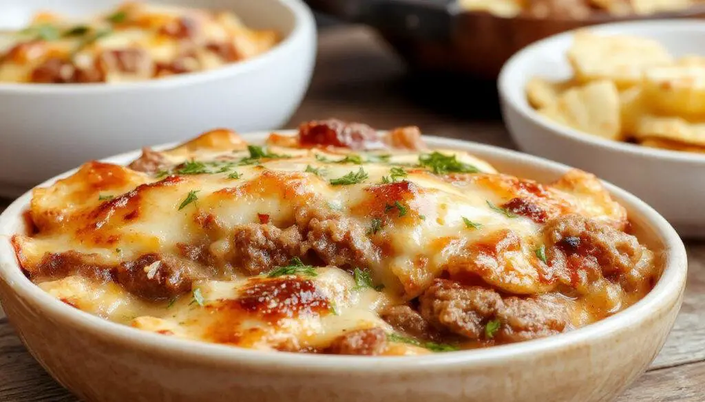A golden-brown baked ground beef casserole in a ceramic dish, topped with melted cheese and garnished with chopped parsley. The dish reveals a hearty layer of seasoned beef, mixed with vegetables and a crispy crust around the edges, set on a rustic wooden table.