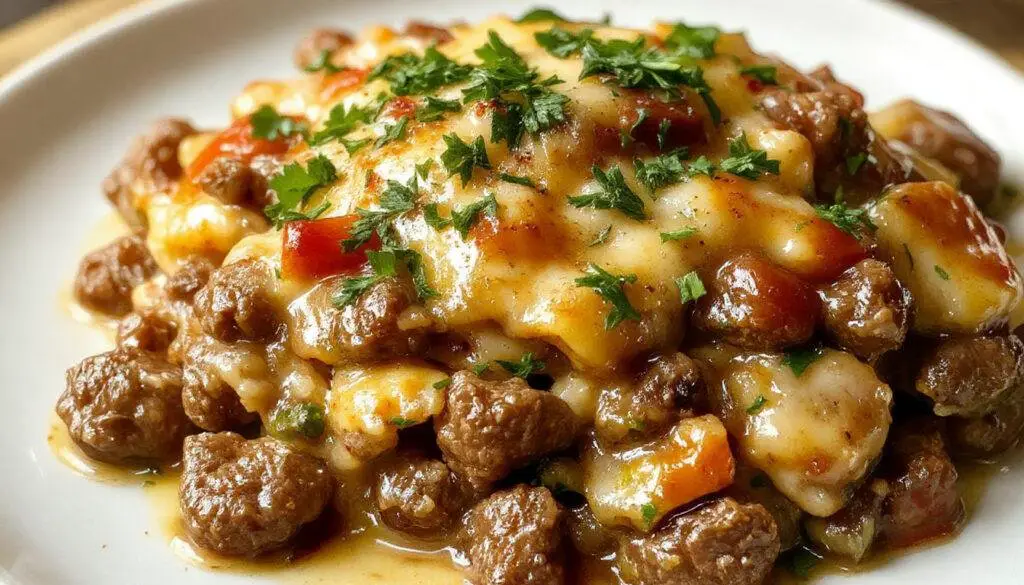 A steaming, golden-baked ground beef casserole in a rustic ceramic dish. Topped with melted cheese and garnished with fresh herbs. The casserole reveals a hearty mixture of seasoned ground beef, vegetables, and layers of creamy sauce, creating an inviting, comforting appearance with a crispy, bubbly top.