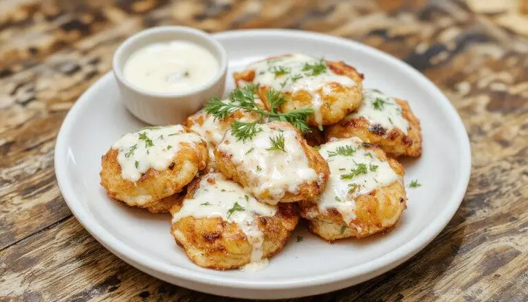 Golden-brown grilled chicken bites arranged neatly on a rustic wooden platter, garnished with fresh parsley and served alongside a small bowl of creamy garlic sauce with visible garlic and herbs, all on a white linen cloth.