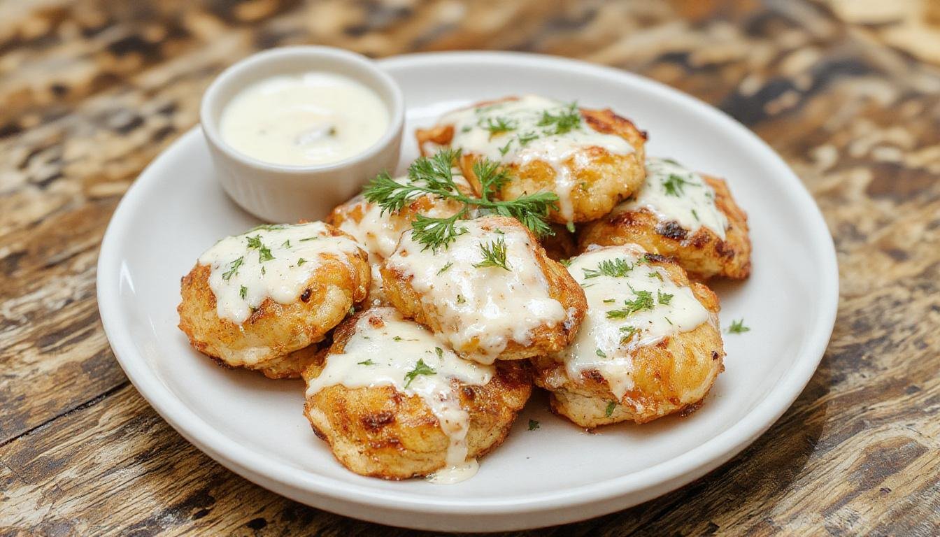 Golden-brown grilled chicken bites arranged neatly on a rustic wooden platter, garnished with fresh parsley and served alongside a small bowl of creamy garlic sauce with visible garlic and herbs, all on a white linen cloth.
