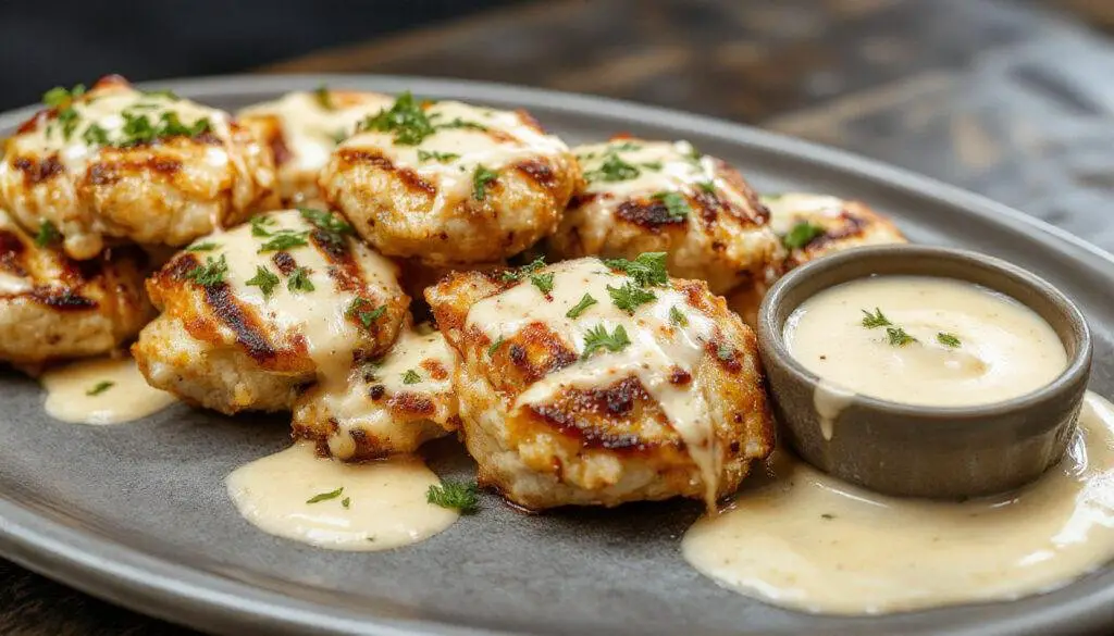 Plate of golden-brown grilled chicken bites garnished with fresh herbs, served with a smoky garlic cream sauce drizzled over and around the pieces, on a rustic wooden table