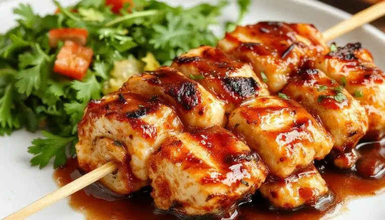 Colorful grilled chicken skewers glazed with shiny teriyaki sauce, placed on a rustic wooden platter with grilled pineapple chunks and fresh herbs, showcasing a perfect caramelized exterior and juicy interior, with smoke curls rising from the grill.
