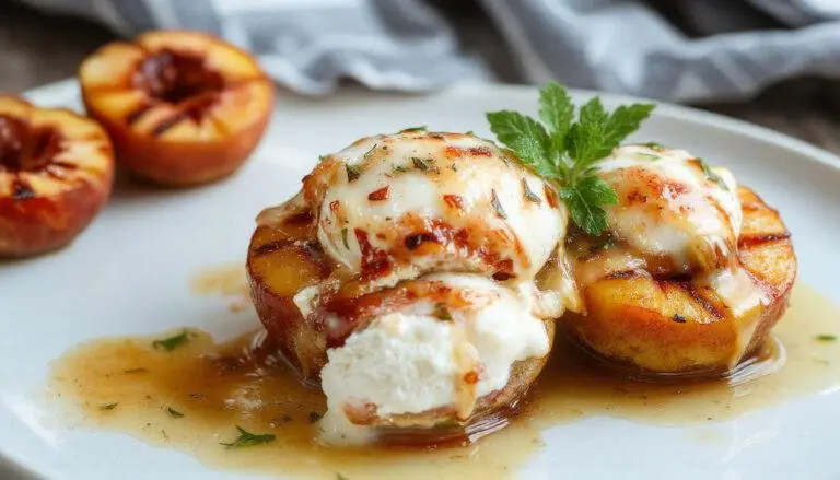 A close-up of vibrant golden-brown grilled peaches halved and arranged on a white plate, topped with a scoop of creamy vanilla ice cream melting slightly, drizzled with caramel sauce, and garnished with fresh mint leaves. The background features a rustic wooden table with scattered peach slices and a hint of caramel syrup, highlighting the warm, inviting dessert.