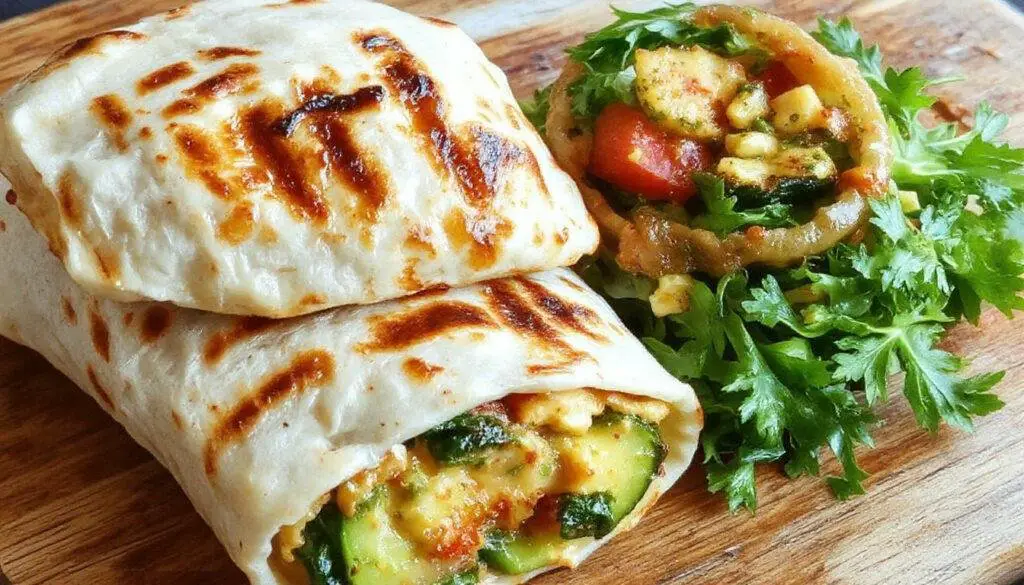 A vibrant grilled veggie and hummus wrap sliced open to reveal colorful grilled vegetables like zucchini, bell peppers, and eggplant nestled in a soft whole wheat tortilla, generously spread with creamy hummus, garnished with fresh herbs. The wrap is presented on a rustic wooden plate with a side of mixed greens and cherry tomatoes, showcasing a fresh and appetizing appearance.