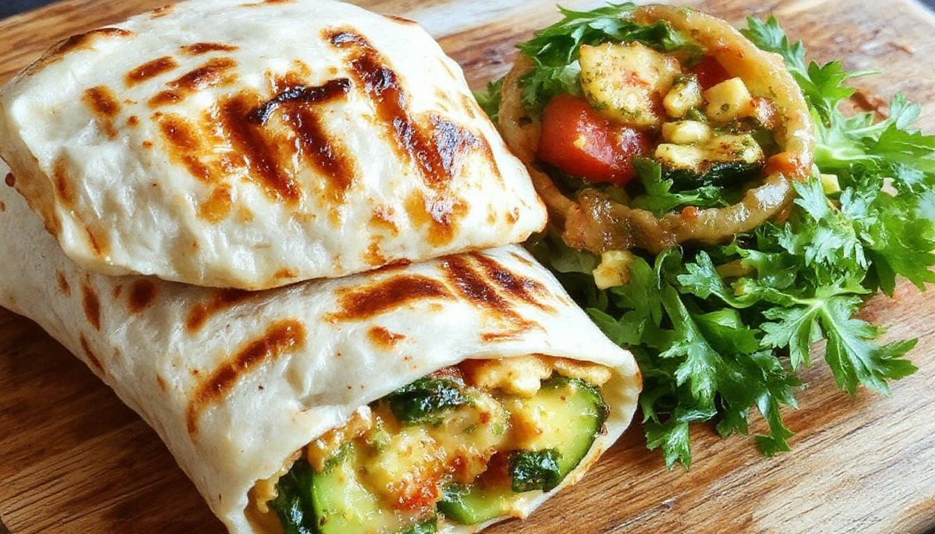 A vibrant grilled veggie and hummus wrap sliced open to reveal colorful grilled vegetables like zucchini, bell peppers, and eggplant nestled in a soft whole wheat tortilla, generously spread with creamy hummus, garnished with fresh herbs. The wrap is presented on a rustic wooden plate with a side of mixed greens and cherry tomatoes, showcasing a fresh and appetizing appearance.