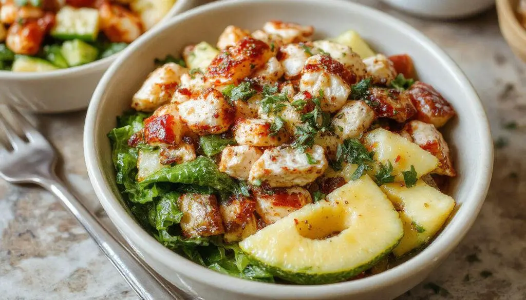 A colorful bowl filled with grilled Hawaiian chicken pieces, diced pineapple chunks, and fresh green vegetables. The dish is garnished with chopped herbs and served in a rustic white bowl on a wooden table, highlighting the vibrant yellow of the pineapple, the golden-brown chicken, and the bright greens.