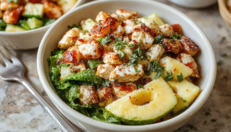 A colorful bowl filled with grilled Hawaiian chicken pieces, diced pineapple chunks, and fresh green vegetables. The dish is garnished with chopped herbs and served in a rustic white bowl on a wooden table, highlighting the vibrant yellow of the pineapple, the golden-brown chicken, and the bright greens.